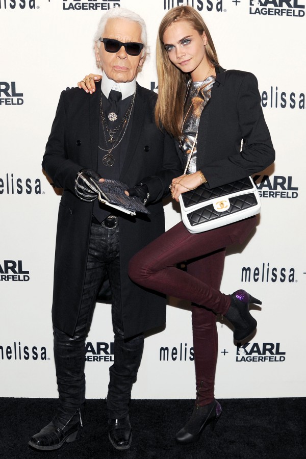 Cara-Delevingne-WithKarlLagerfeldAtTheMelissa-and-Karl-Lagerfeld-collaboration-launch2013